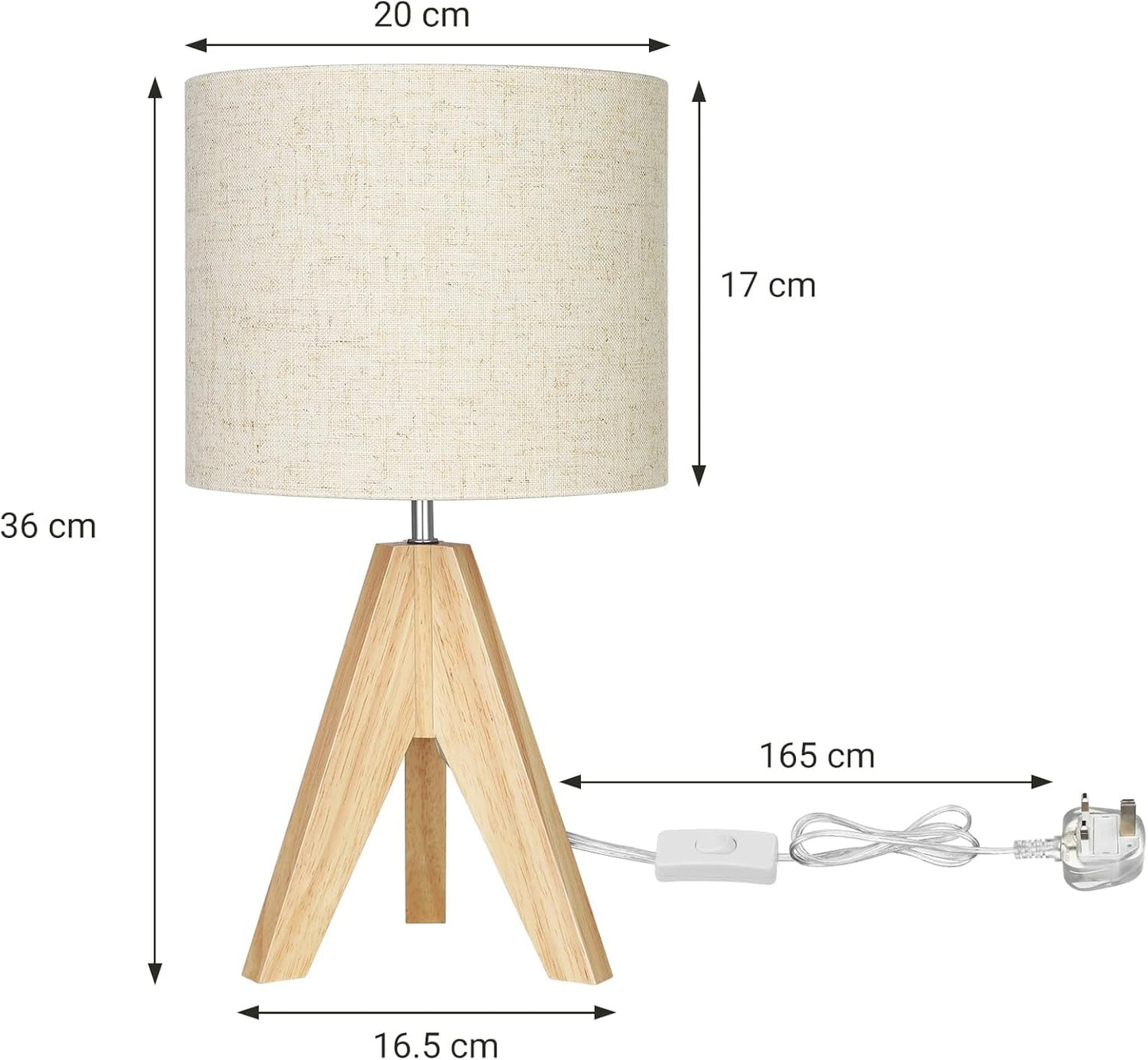 36Cm Wood Bedside Table Lamp, Tripod Desk Lamp with Beige Linen Lampshade, On-Off Switch, Desk Lamps for Reading, Bedroom, Living Room, Study, Office, E27 Base