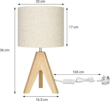 36Cm Wood Bedside Table Lamp, Tripod Desk Lamp with Beige Linen Lampshade, On-Off Switch, Desk Lamps for Reading, Bedroom, Living Room, Study, Office, E27 Base