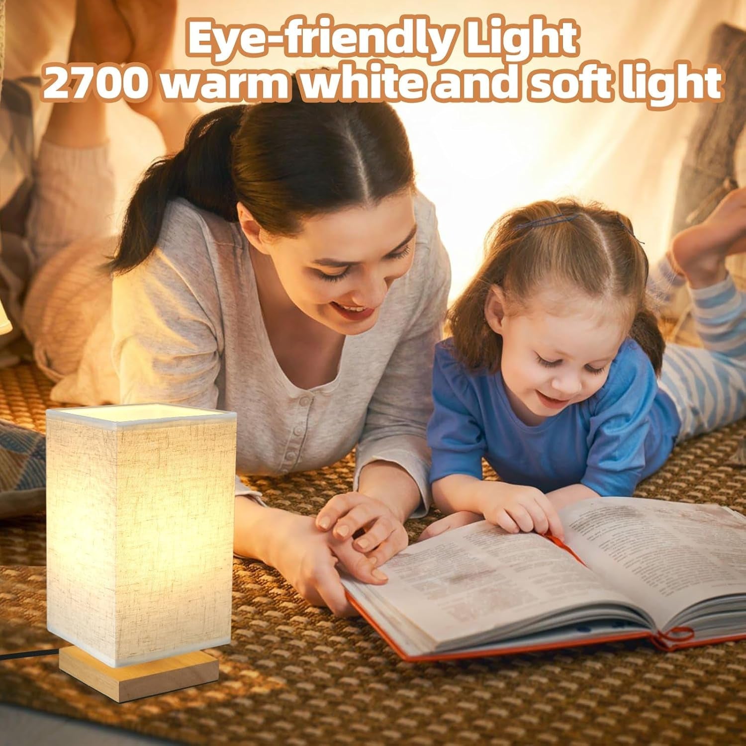 Table Lamp, 2 Pack Small Bedside Lamp Minimalist Lamps with Rectangle Fabric Shade Natural Wooden Base, Classic On/Off Switch and Warm Light LED Bulb, for Bedroom, Kids Room, Living Room, Dorm, Office