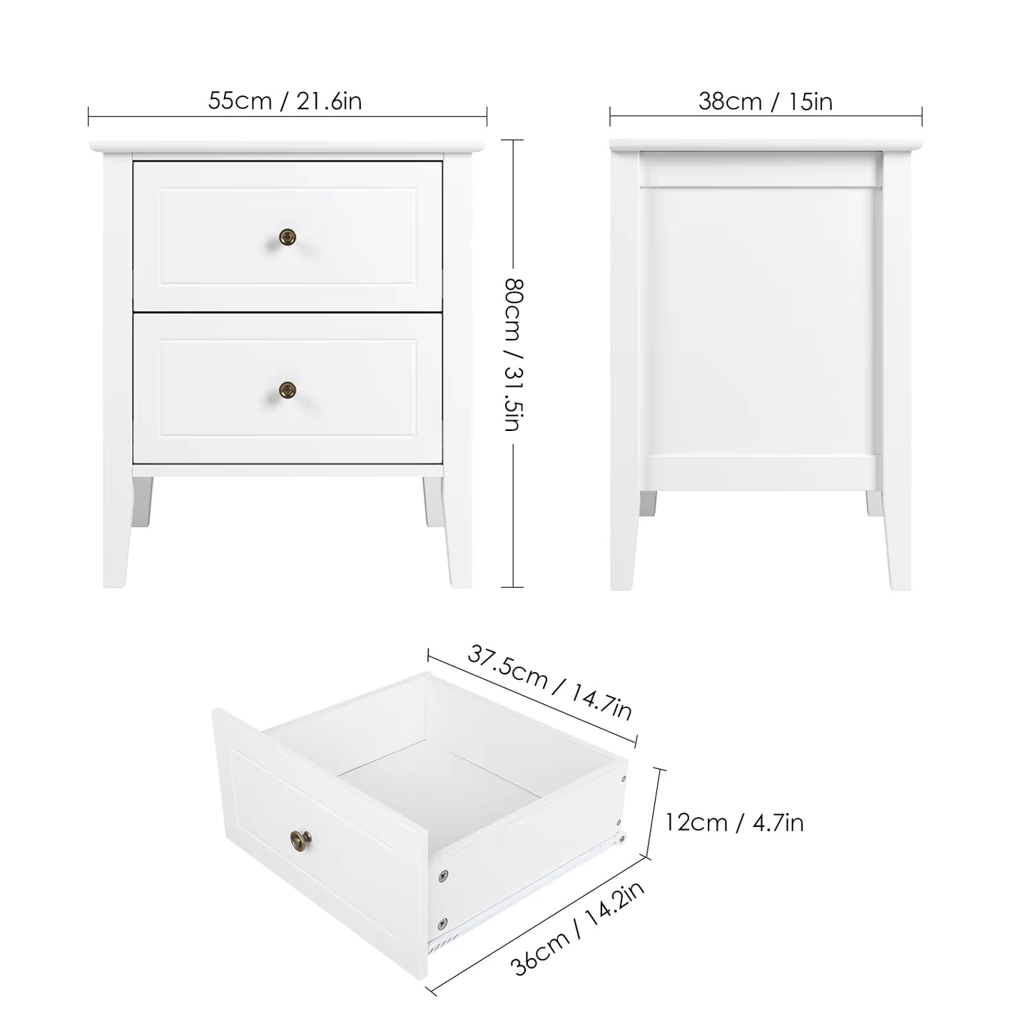 Bedside Table Night Chest of Drawers Bedside Table Bedside Cabinet with 2 Drawers White from Wood Bedside Box Bedroom 50X40X55.5Cm