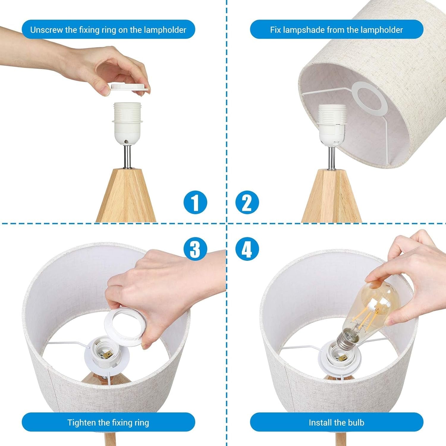 36Cm Wood Bedside Table Lamp, Tripod Desk Lamp with Beige Linen Lampshade, On-Off Switch, Desk Lamps for Reading, Bedroom, Living Room, Study, Office, E27 Base