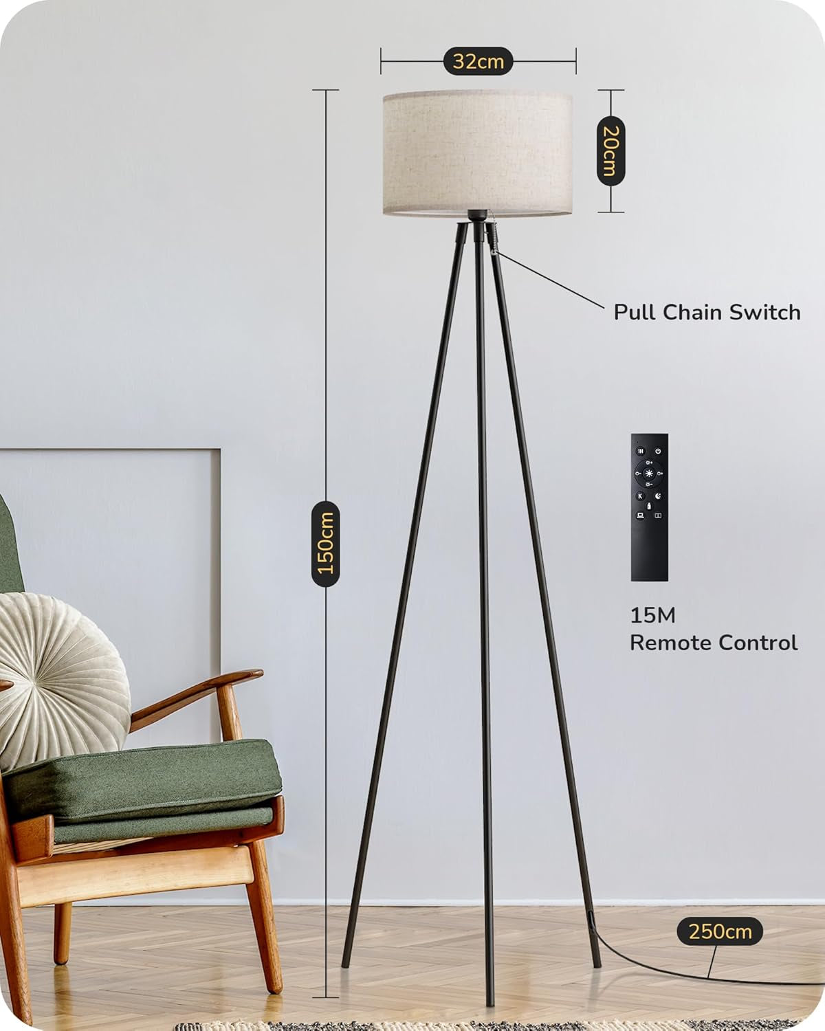 Tripod Floor Lamp, Standing Lamp with Linen Lampshade, Dimmable & Adjustable Color Temperatures, Floor Lamps for Living Room, Bedroom, LED Bulb Included,Black