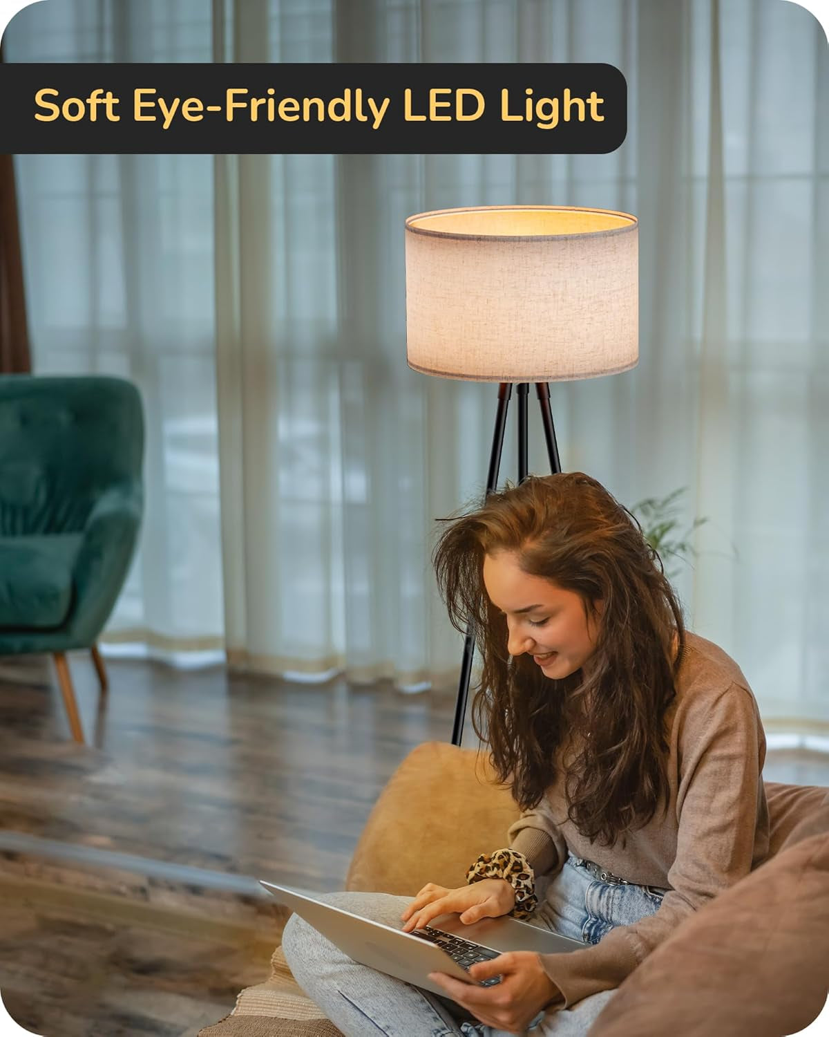 Tripod Floor Lamp, Standing Lamp with Linen Lampshade, Dimmable & Adjustable Color Temperatures, Floor Lamps for Living Room, Bedroom, LED Bulb Included,Black