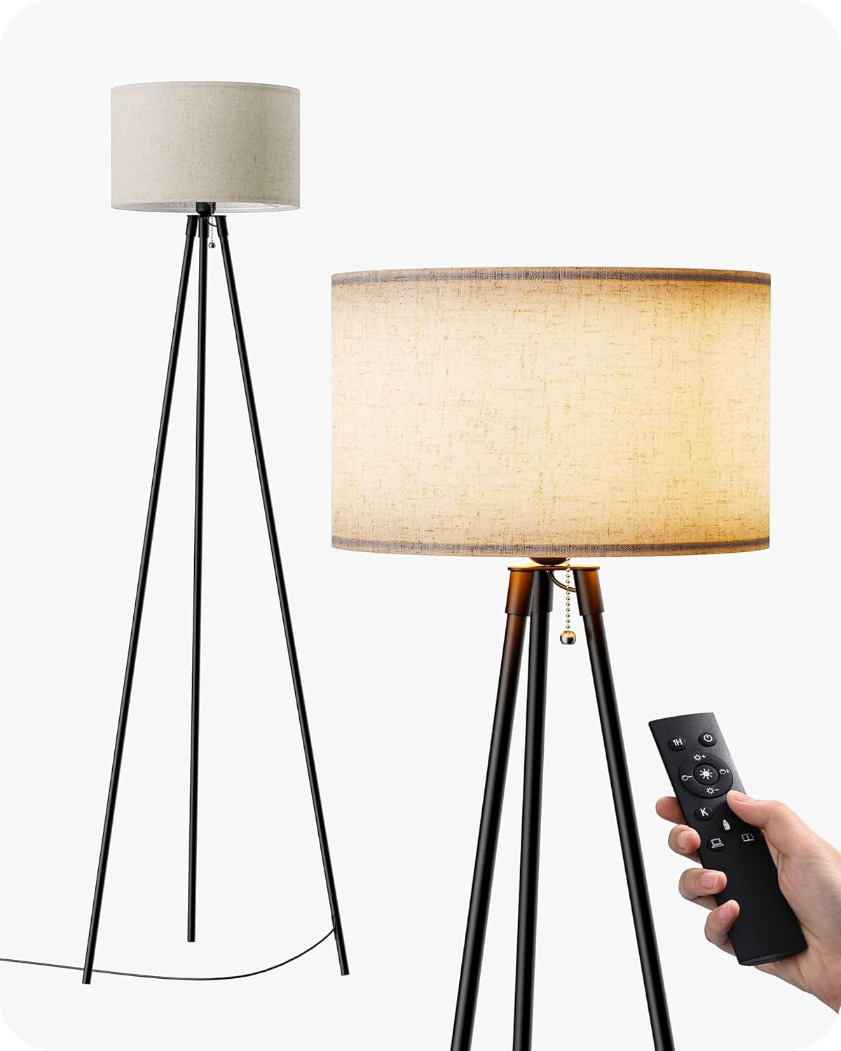 Tripod Floor Lamp, Standing Lamp with Linen Lampshade, Dimmable & Adjustable Color Temperatures, Floor Lamps for Living Room, Bedroom, LED Bulb Included,Black