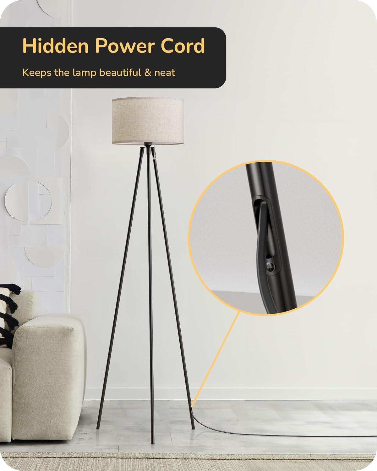 Tripod Floor Lamp, Standing Lamp with Linen Lampshade, Dimmable & Adjustable Color Temperatures, Floor Lamps for Living Room, Bedroom, LED Bulb Included,Black