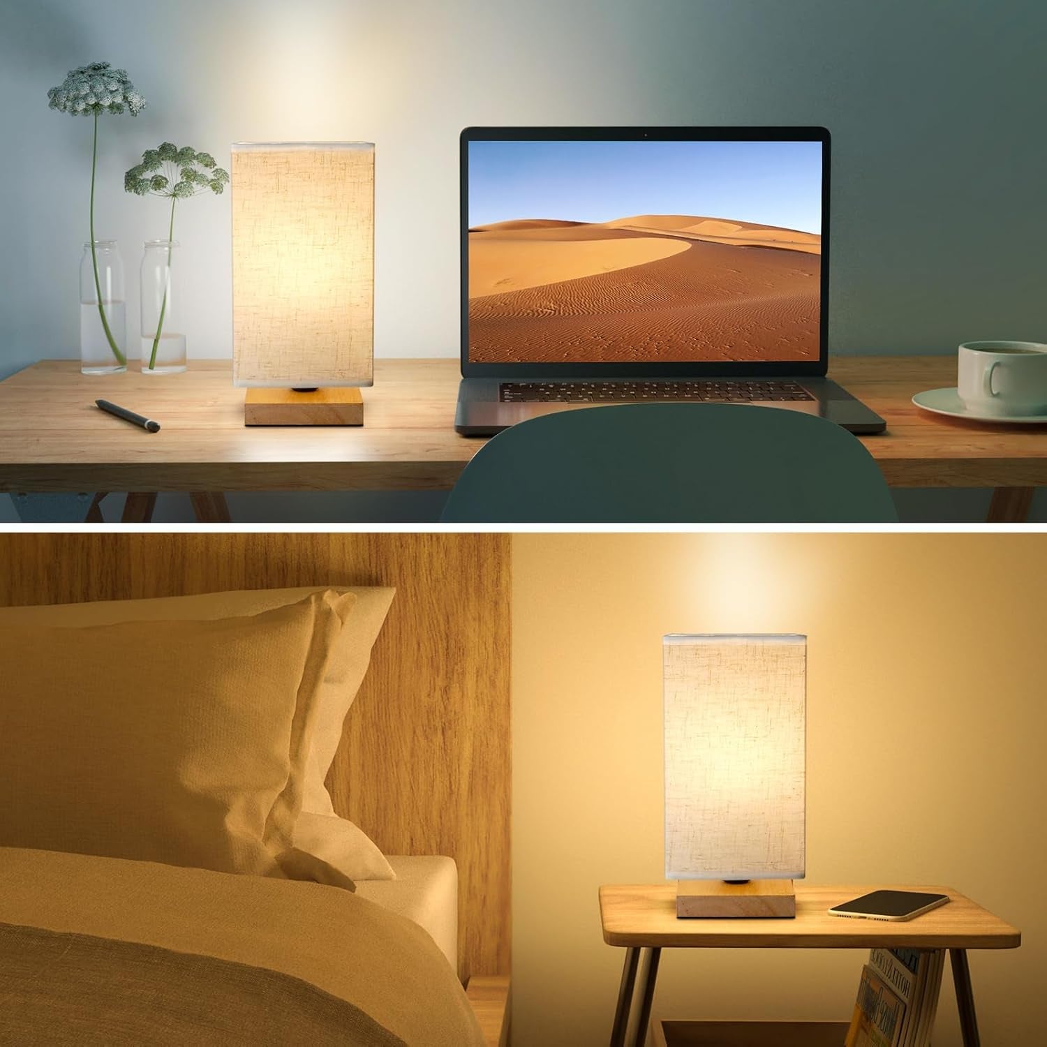 Table Lamp, 2 Pack Small Bedside Lamp Minimalist Lamps with Rectangle Fabric Shade Natural Wooden Base, Classic On/Off Switch and Warm Light LED Bulb, for Bedroom, Kids Room, Living Room, Dorm, Office