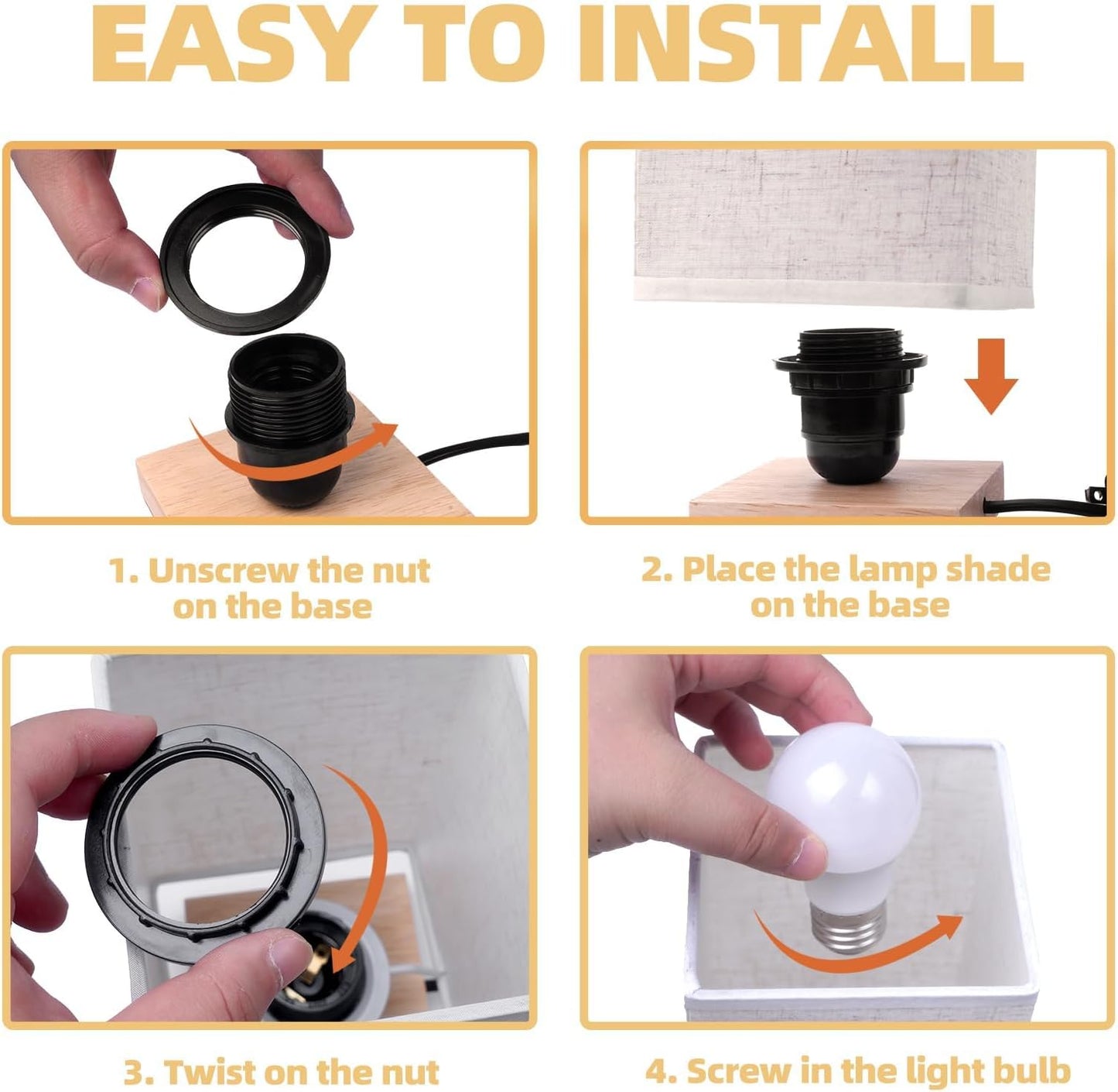 Table Lamp, 2 Pack Small Bedside Lamp Minimalist Lamps with Rectangle Fabric Shade Natural Wooden Base, Classic On/Off Switch and Warm Light LED Bulb, for Bedroom, Kids Room, Living Room, Dorm, Office