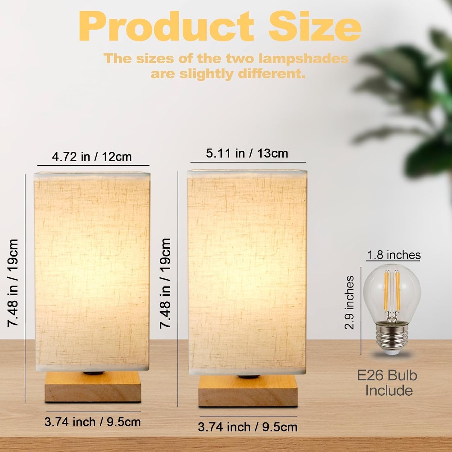 Table Lamp, 2 Pack Small Bedside Lamp Minimalist Lamps with Rectangle Fabric Shade Natural Wooden Base, Classic On/Off Switch and Warm Light LED Bulb, for Bedroom, Kids Room, Living Room, Dorm, Office