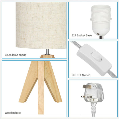36Cm Wood Bedside Table Lamp, Tripod Desk Lamp with Beige Linen Lampshade, On-Off Switch, Desk Lamps for Reading, Bedroom, Living Room, Study, Office, E27 Base