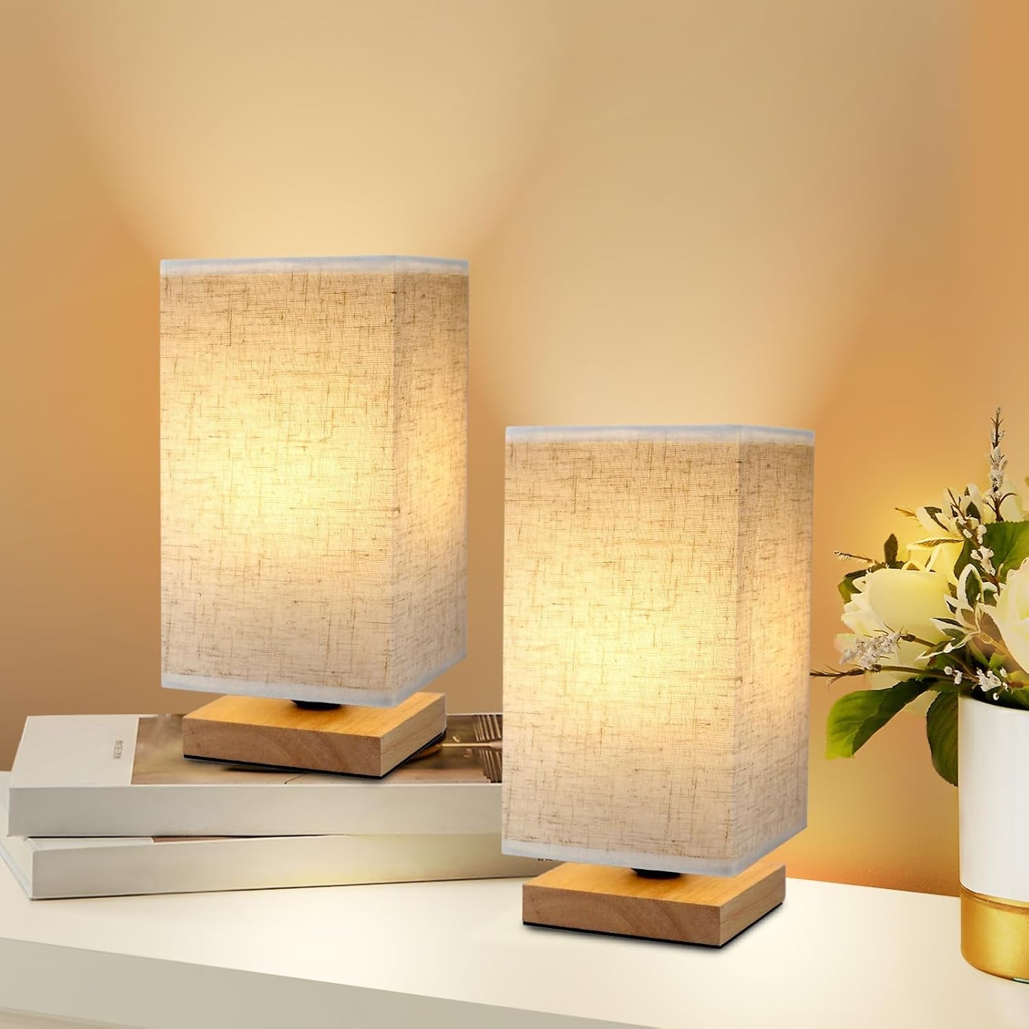Table Lamp, 2 Pack Small Bedside Lamp Minimalist Lamps with Rectangle Fabric Shade Natural Wooden Base, Classic On/Off Switch and Warm Light LED Bulb, for Bedroom, Kids Room, Living Room, Dorm, Office