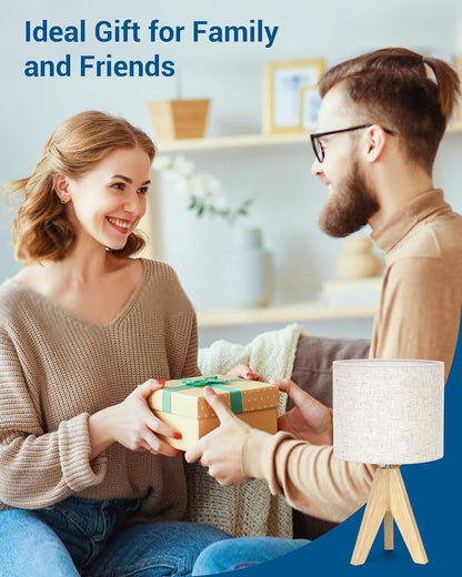 36Cm Wood Bedside Table Lamp, Tripod Desk Lamp with Beige Linen Lampshade, On-Off Switch, Desk Lamps for Reading, Bedroom, Living Room, Study, Office, E27 Base