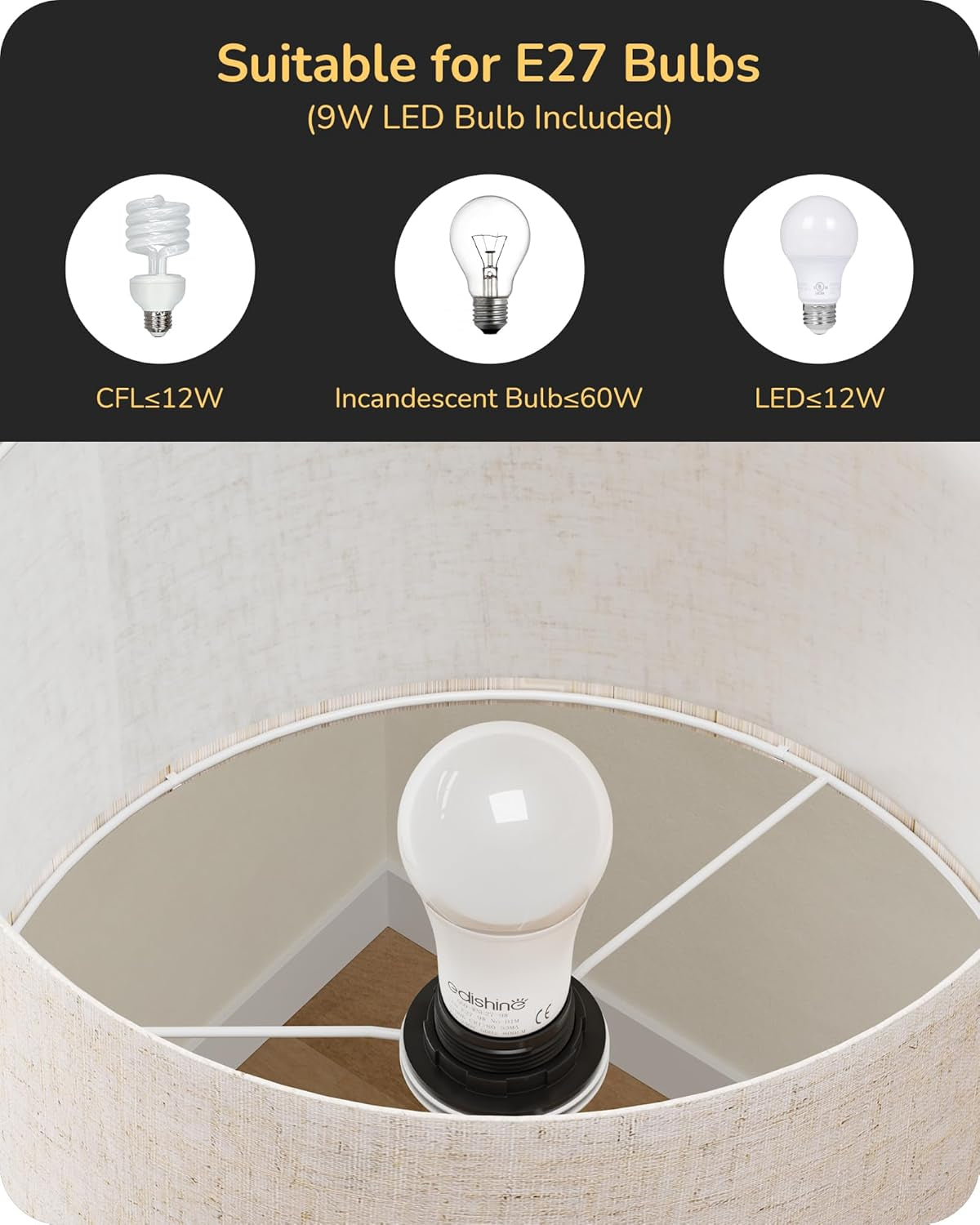 Tripod Floor Lamp, Standing Lamp with Linen Lampshade, Dimmable & Adjustable Color Temperatures, Floor Lamps for Living Room, Bedroom, LED Bulb Included,Black