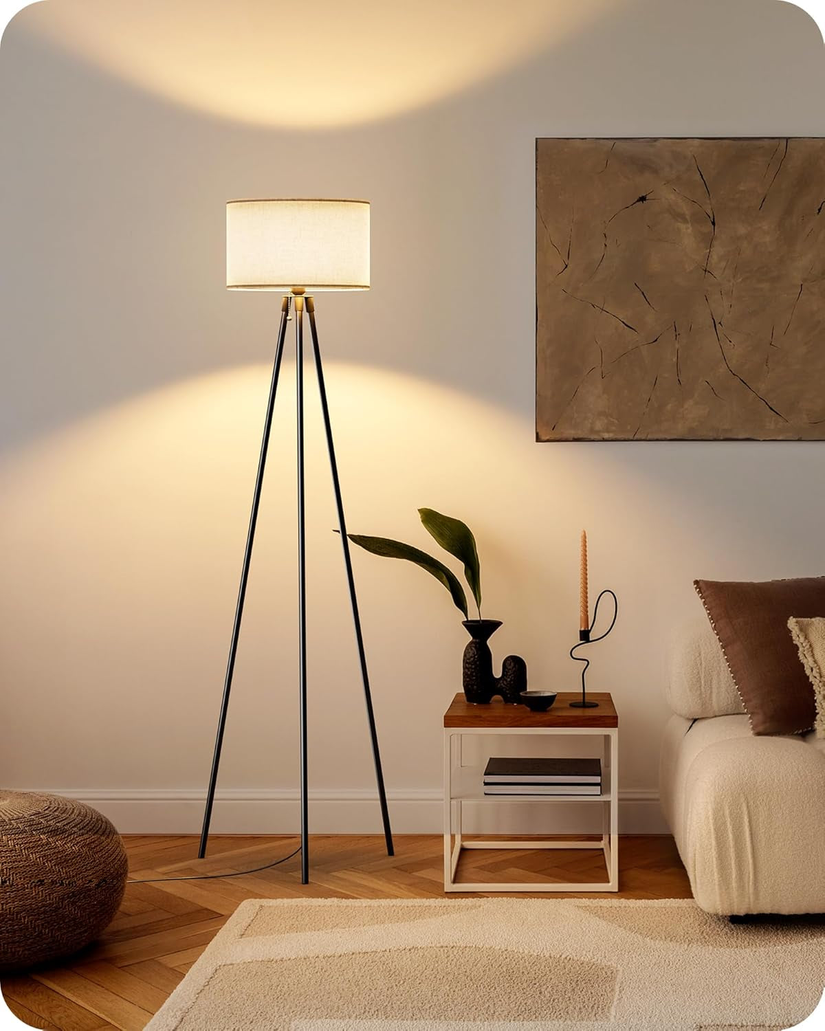 Tripod Floor Lamp, Standing Lamp with Linen Lampshade, Dimmable & Adjustable Color Temperatures, Floor Lamps for Living Room, Bedroom, LED Bulb Included,Black
