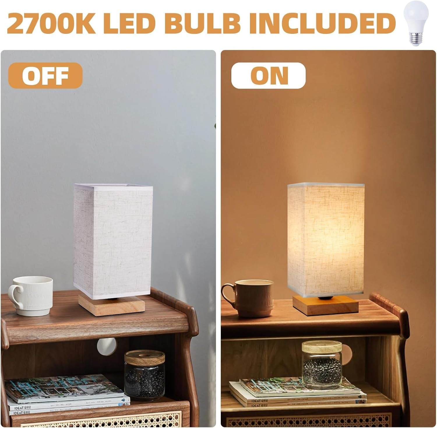 Table Lamp, 2 Pack Small Bedside Lamp Minimalist Lamps with Rectangle Fabric Shade Natural Wooden Base, Classic On/Off Switch and Warm Light LED Bulb, for Bedroom, Kids Room, Living Room, Dorm, Office