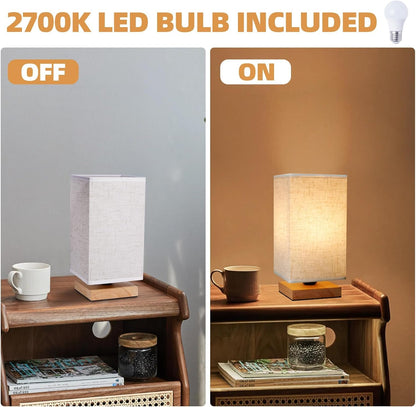 Table Lamp, 2 Pack Small Bedside Lamp Minimalist Lamps with Rectangle Fabric Shade Natural Wooden Base, Classic On/Off Switch and Warm Light LED Bulb, for Bedroom, Kids Room, Living Room, Dorm, Office