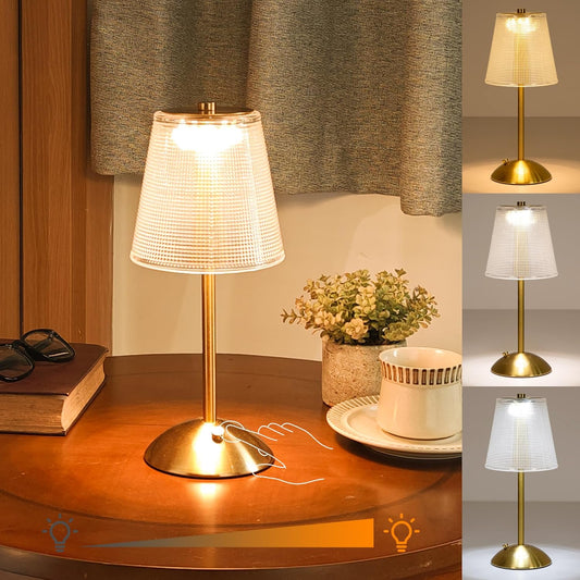 Cordless Table Lamp, Rechargeable Battery Operated Lamp, 3 Color Modes & Stepless Dimmable LED Touch Lamp, Portable Retro Gold Metal beside Lamps for Home Desk Bedroom Restaurant Outdoor